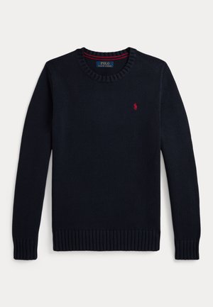 Pull en maille bleu marine col rond avec manches longues et logo Ralph Lauren rouge brodé sur la poitrine.