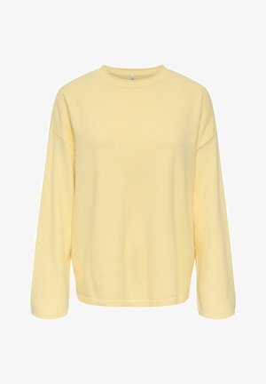 Yellow pullover sweater made of soft fabric, featuring a round neck, dropped shoulders, and long sleeves with ribbed cuffs.