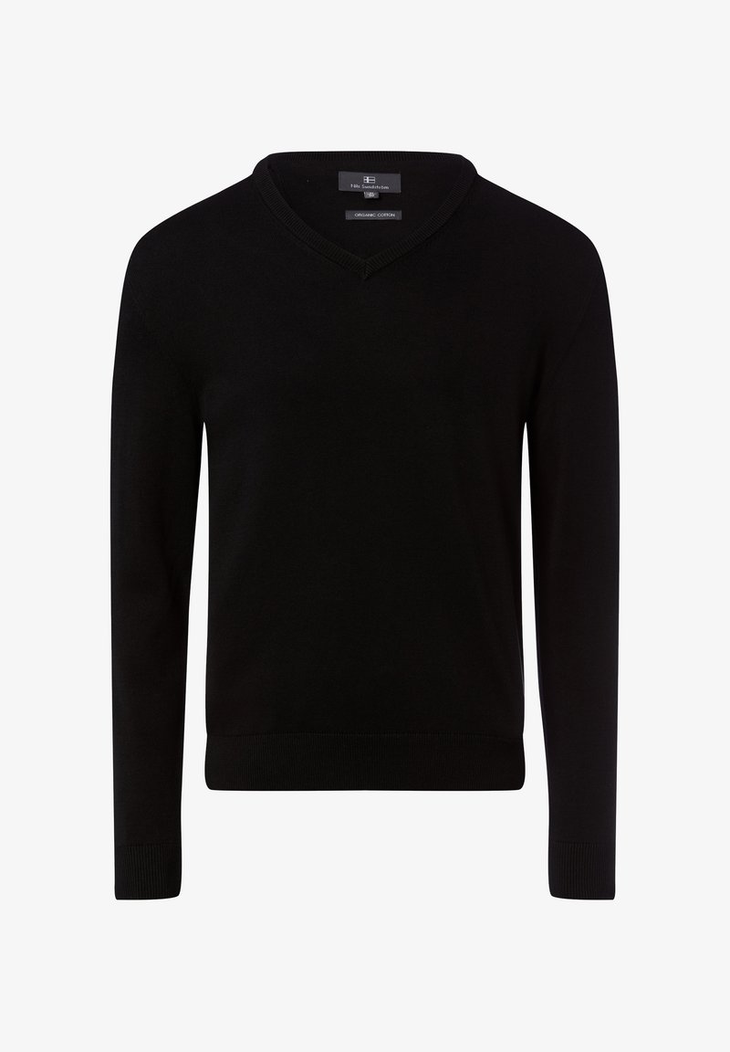 Pull noir à col en V en coton biologique, avec manches longues et poignets et ourlet côtelés, texture lisse et design minimaliste.