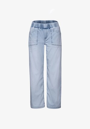 Vaaleansiniset farkut, joiden vyötäröllä on joustava kuminauha, kaksi etutaskua ja rento leikkaus. Sileä pinta, suora lahje.