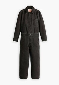 Schwarzer Denim-Overall mit langen Ärmeln, zwei Brusttaschen, Knopfleiste und Kragen. Hat tapered Beine und eine leichte Textur.