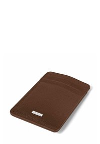 Bruine leren portemonnee met een gestructureerde oppervlakte, drie kaartsleuven en een subtiele logodetail. Slank, rechthoekig ontwerp.