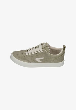 Light gray canvas sneaker with white rubber sole, round toe, and off-white laces. Features a subtle logo detail on the side.