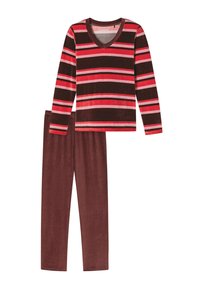 Conjunto de pijama de algodón que incluye una camiseta de manga larga marrón con rayas rosas y rojas, combinado con pantalones marrones lisos. Tejido suave y texturizado.