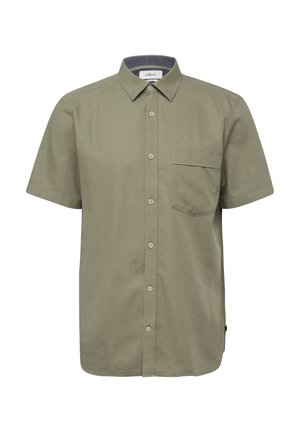 Olivgrünes, kurzärmeliges Hemd zum Knöpfen mit linker Brusttasche vorne und spitzem Kragen, schlichtes Design mit dezenten Ziernähten.