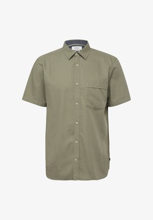 Olivgrünes, kurzärmeliges Hemd zum Knöpfen mit linker Brusttasche vorne und spitzem Kragen, schlichtes Design mit dezenten Ziernähten.