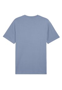 Lyseblå bomulds T-shirt med korte ærmer, rund halsudskæring og en glat tekstur; enkel design uden grafik eller udsmykninger.