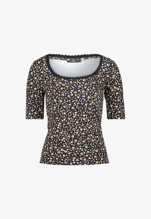 Black short-sleeve top with a scoop neckline, featuring a floral pattern in orange, white, and yellow, and scalloped trim at the neckline.