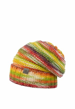 Strickmütze mit mehrfarbigen Streifen in Gelb, Orange, Grün und Lila, mit einem einfarbigen gerippten Saum und einem kleinen markierten Stoffetikett.
