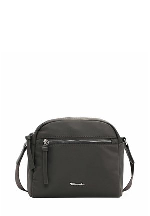 Dark grey nylon crossbody bag with a rounded shape, featuring a front zipper pocket and adjustable strap. Logo displayed on the front.