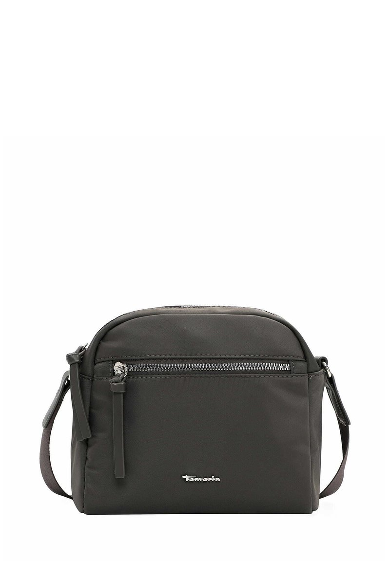 Dark grey nylon crossbody bag with a rounded shape, featuring a front zipper pocket and adjustable strap. Logo displayed on the front.