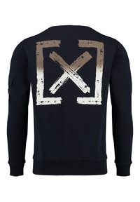 Navy Sweatshirt mit langen Ärmeln, gerippten Bündchen und Saum, mit einem großen metallisch goldenen Pinselstrich-"X"-Design auf der Rückseite.