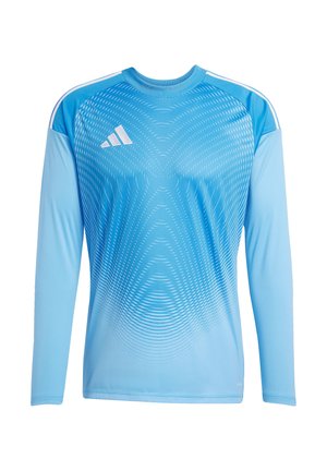 Lichtblauw sportshirt met lange mouwen en een verloopontwerp, met subtiele golfpatronen en een wit Adidas-logo op de bovenste linkerborst.