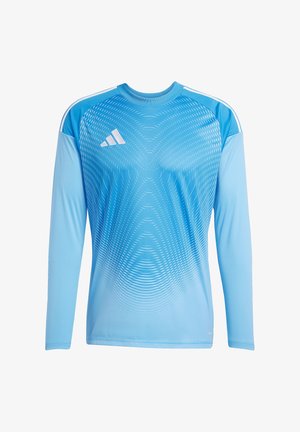 Himmelblaues langärmliges Sporthemd mit einem Farbverlauf-Design, das subtile Wellenmuster aufweist und ein weißes Adidas-Logo auf der linken oberen Brustseite hat.