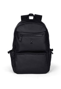 Zaino nero realizzato in nylon liscio, dotato di spallacci regolabili, diverse tasche con cerniera e un dettaglio con logo sulla parte frontale.