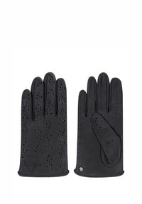 Schwarze Lederhandschuhe mit einem perforierten Blumenmuster, abgerundeter Kante und einem Knopfakzent im Handgelenkbereich.