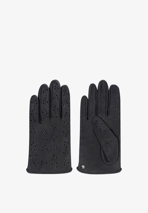 Black leather gloves featuring a perforated floral pattern, with a rounded edge and a button accent on the wrist area.