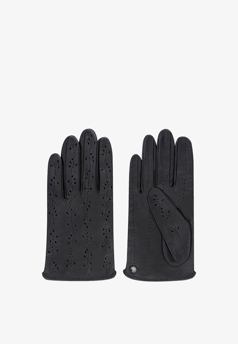 Schwarze Lederhandschuhe mit einem perforierten Blumenmuster, abgerundeter Kante und einem Knopfakzent im Handgelenkbereich.