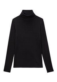 T-shirt noir à manches longues et col roulé, fabriqué en tissu lisse, présentant un col haut et plié ainsi qu'une coupe ajustée sans matériel ou motifs visibles.