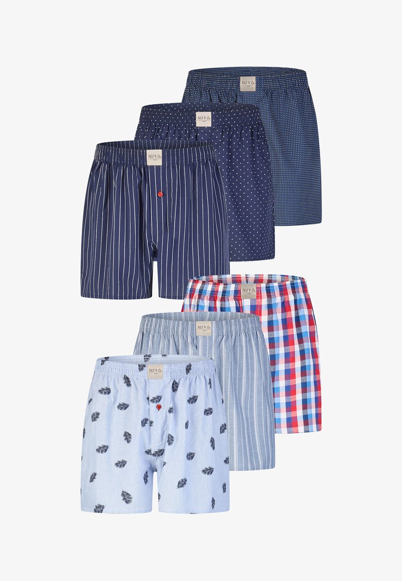 Six paires de shorts boxers pour hommes en coton avec différents motifs : rayures marine, pois marine, micro-carreaux bleus, carreaux rouge et bleu, rayures bleu clair et imprimé feuilles bleu clair.