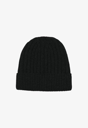 Zwarte gebreide beanie met een ribbelstructuur en een omgeslagen rand, gemaakt van zacht materiaal voor warmte en comfort.