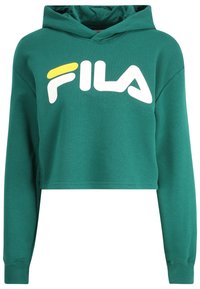 Felpa corta color teal con un grande logo bianco Fila e un'acca di colore giallo, progettata per un look casual.