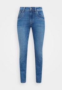 Blå högmidjade skinny jeans med framknapp och dragkedja, bälteshällor och två framfickor mot en vit bakgrund.