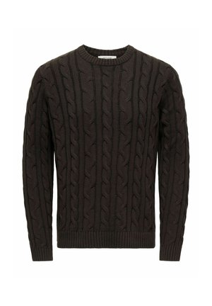 Pull tricoté marron foncé avec motifs torsadés, manches longues, et poignets et ourlet côtelés.