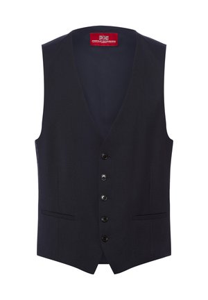 Schwarze formelle Weste mit fünf vorderen Knöpfen, zwei Leistentaschen und einem roten Etikett am Kragen mit der Aufschrift „FINSHLEY & HARDING LONDON.“