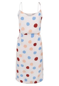 Vestido sin mangas en tela blanca con una mezcla de patrones circulares en rojo, azul y durazno. Presenta una cintura ajustada y una silueta relajada.