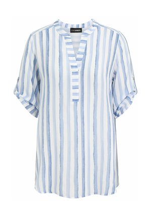 White tunic blouse with vertical light blue stripes, short rolled sleeves with button tabs, and a split round neckline.
