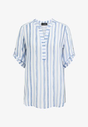 White tunic blouse with vertical light blue stripes, short rolled sleeves with button tabs, and a split round neckline.
