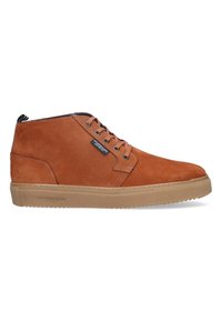 Brown suede high-top shoes with rounded toe, lace-up front, and brown rubber sole. Features branding on the side and a textured surface.