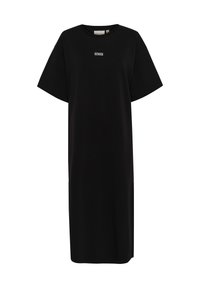 Czarna, oversize sukienka T-shirt wykonana z miękkiej bawełny. Posiada okrągły dekolt oraz krótkie, szerokie rękawy, a z przodu znajduje się minimalistyczne logo.