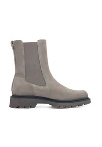 Botte de cheville en suède gris avec panneaux latéraux élastiques, bout arrondi, et semelle en caoutchouc texturé avec des rainures de traction, dotée d'une tirette à l'arrière.