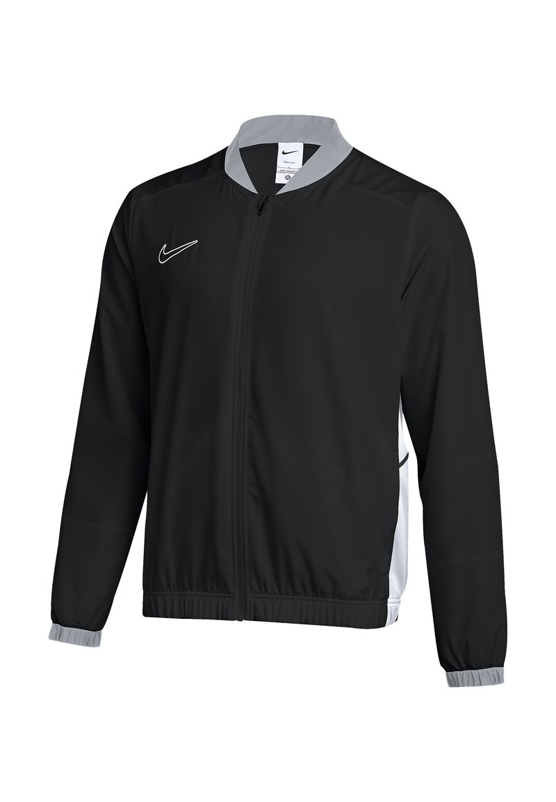 Black Nike jacket with a gray collar, full zipper, and elastic cuffs. Features side pockets and white logo on the chest, made of lightweight material.