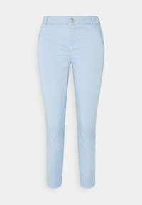 Light blue cotton trousers with a straight leg design, featuring a front button closure and side pockets. Smooth texture, minimal detailing.