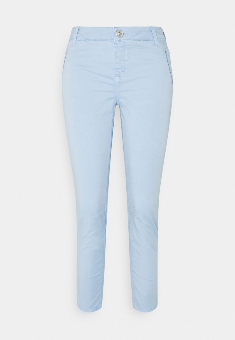 Light blue cotton trousers with a straight leg design, featuring a front button closure and side pockets. Smooth texture, minimal detailing.