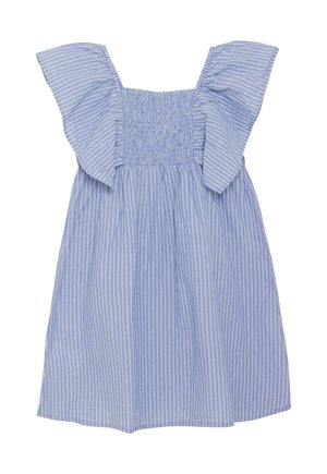 Abito senza maniche a righe verticali blu e bianche con ampie spalline arricciate e corpetto arricciato a smock.