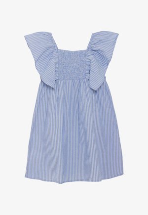 Blau-weiß gestreiftes, ärmelloses Kleid mit breiten, gerafften Trägern und gerafftem Oberteil.