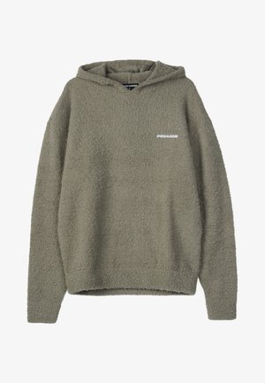 Olíva zöld kapucnis pulóver textúrált, bolyhos anyagból, elülső zsebbel és egy kis fehér "PEGADOR" logóval a mellkasán.