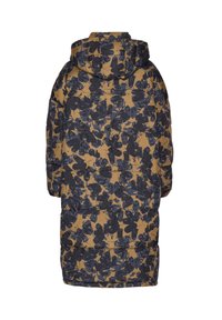 Abrigo acolchado largo en una base marrón con un patrón floral azul oscuro. Presenta capucha y textura acolchada con costuras visibles.
