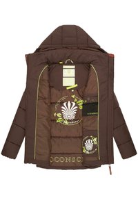 Brown padded jacket with lime green accents. Features a quilted texture, logo prints, and multiple interior pockets. Zippered front.