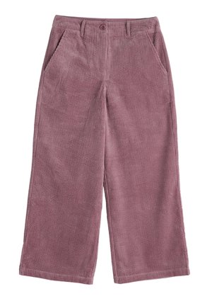 Pantalons en velours côtelé à jambes larges de couleur mauve douce, présentant des rayures verticales, des poches latérales et une fermeture à bouton à la taille.