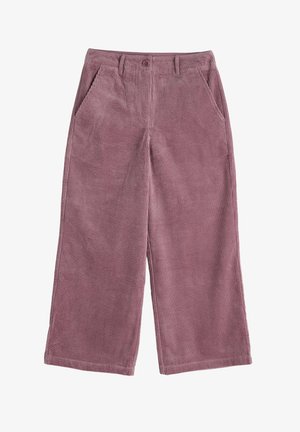 Weite Cordhosen in einem sanften Mauve-Ton, mit vertikalen Streifen, Fronttaschen und einem Knopfverschluss am Bund.