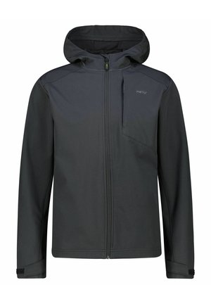 Schwarze Männerjacke aus Softshell-Material, ausgestattet mit Kapuze, durchgehendem Reißverschluss und einer Brusttasche. Sie hat ein elegantes Design und verstellbare Bündchen.