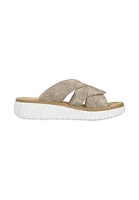 Beige slide sandal with crisscrossed textured straps and a lightweight white rubber sole featuring a ridged pattern for traction.