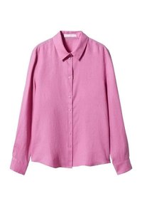 Chemise rose à manches longues avec col, poignets et sept boutons sur le devant, présentée sur un fond blanc.