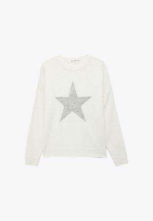 White knitted sweater featuring a large gray star pattern in the center. Round neck and long sleeves with ribbed cuffs and hem.
