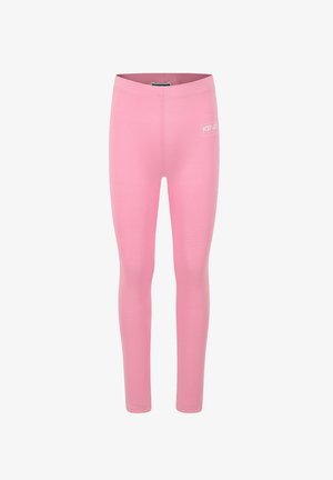 Roze leggings gemaakt van rekbare stof. Kenmerken zijn een glad oppervlak, een slanke pasvorm en een klein wit logo op de voorkant van de tailleband.
